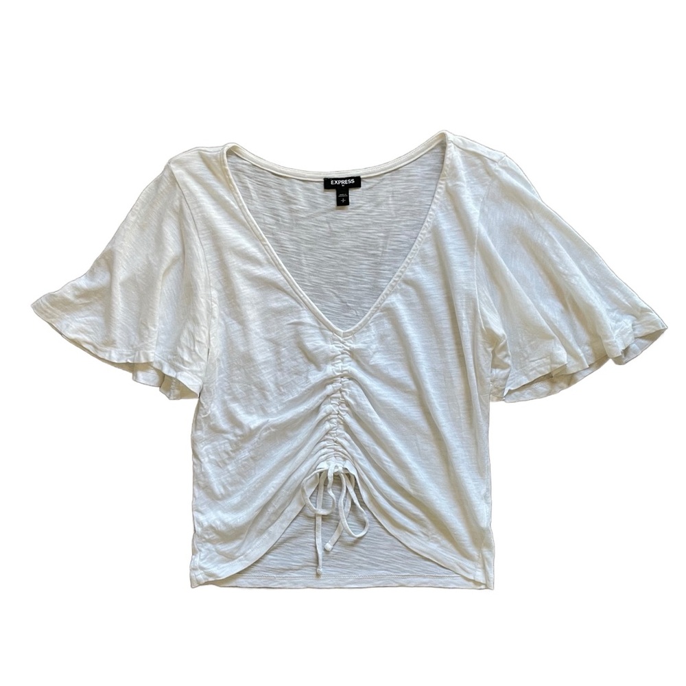 Express White Cotton Modal Stretch Knit Adjustable Flutter Sleeve Crop Top Small